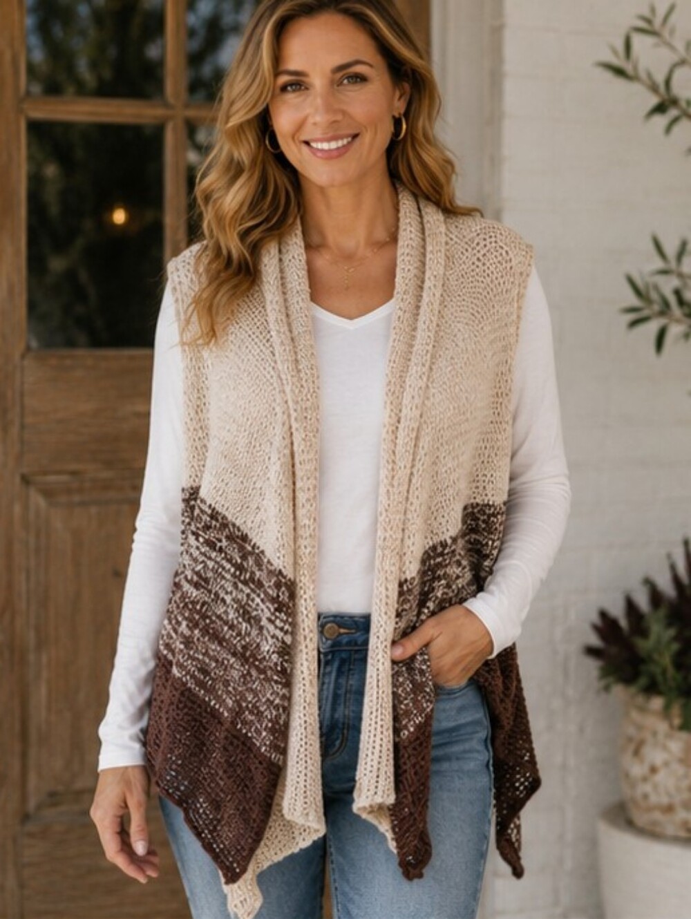 GODDIS Brazil Open Front Waterfall Sweatervest Cardigan Brown & Cream Wrap M
